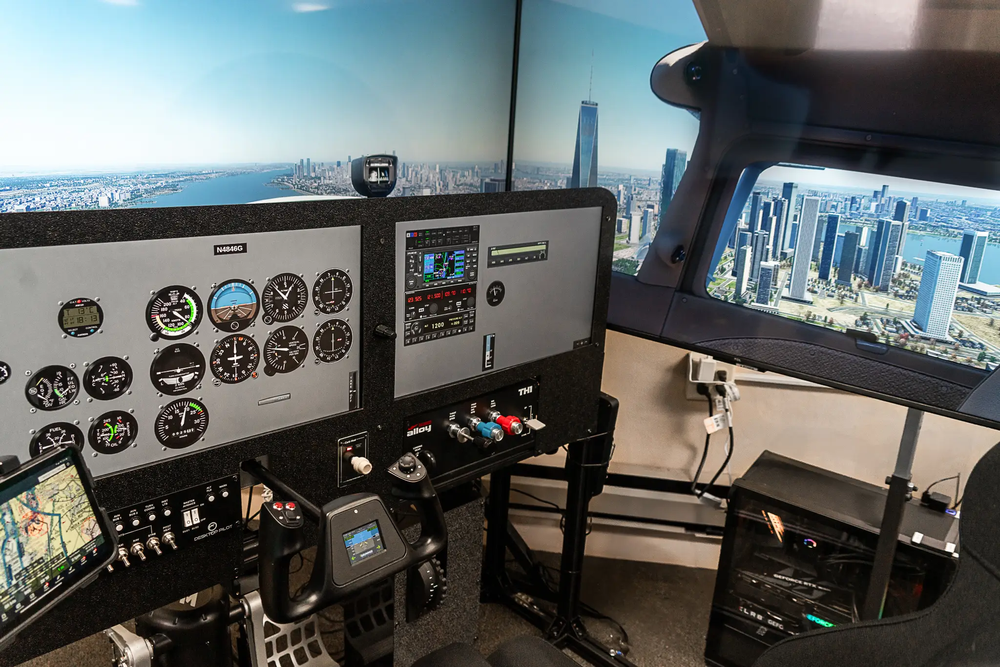 Student using FAA-compliant flight simulator, beginner pilot training